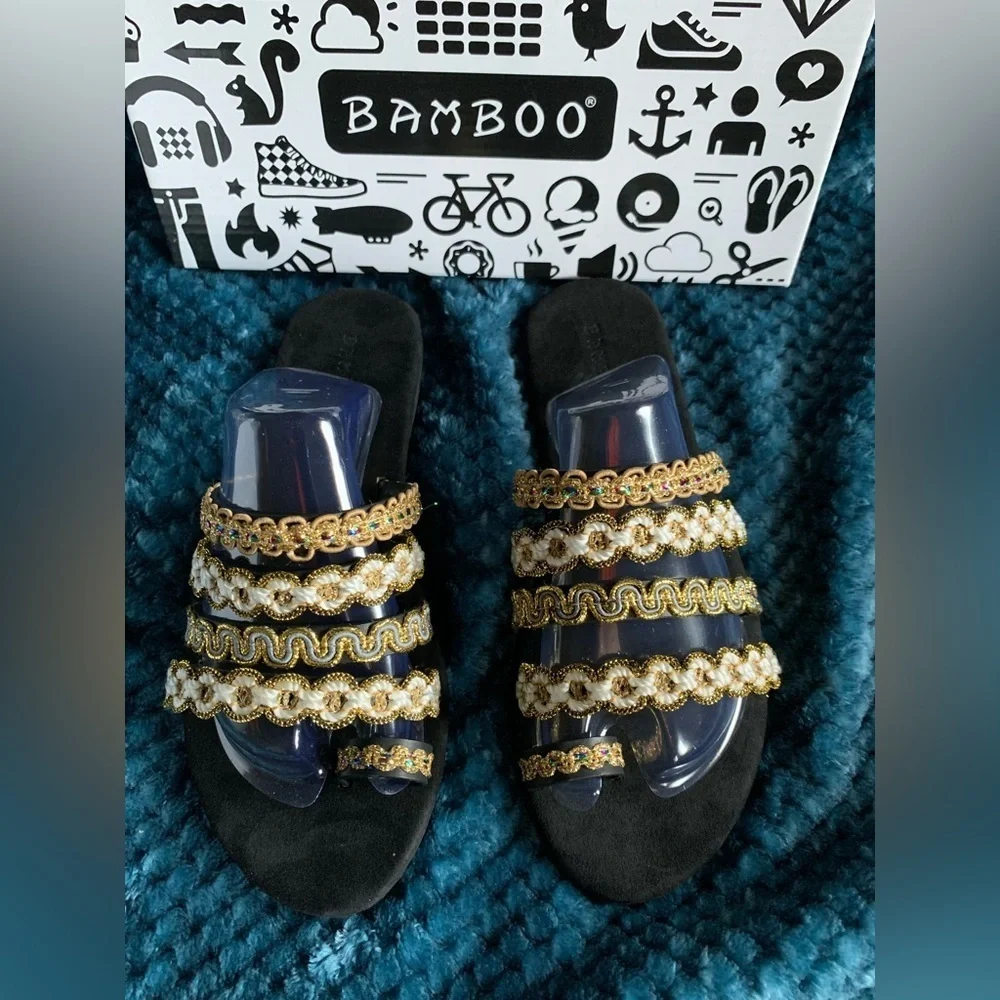 🌸BAMBOO Black & Gold Jeweled Strap Strappy Sandals in box.New! 4 sizes.